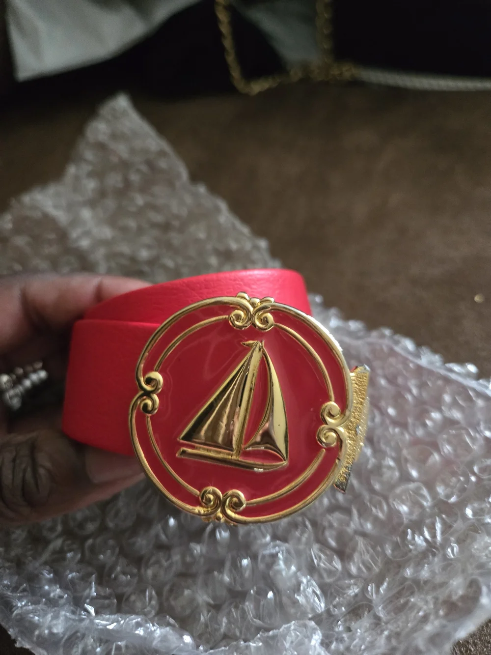 Luxury Red Leather Belt with Gold Nautical BuckleDouglas Paquette